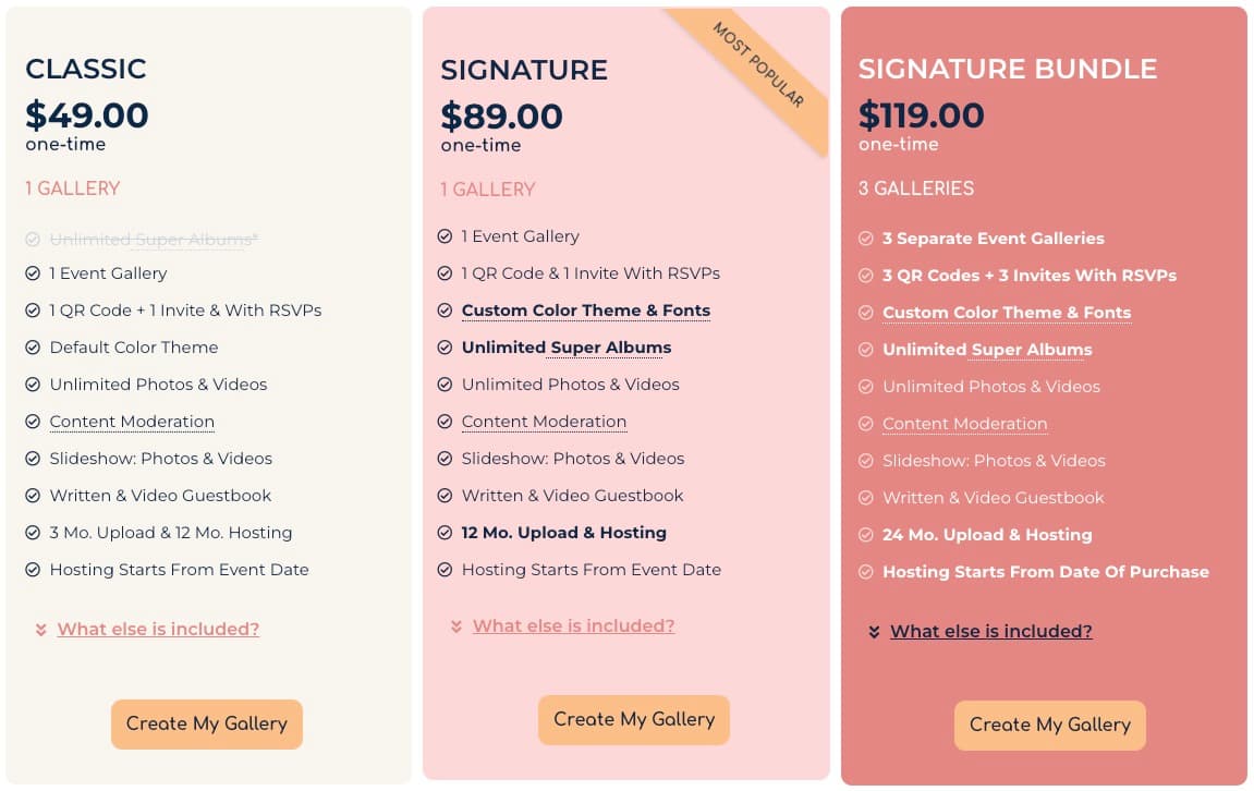 GuestPix wedding pricing page showing three one-time tiers side by side: Classic at $49 with one gallery, Signature at $89 marked Most Popular with custom theme and unlimited Super Albums, and Signature Bundle at $119 with three separate event galleries
