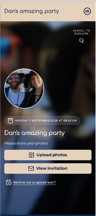 GuestPix guest event home on iPhone for Dan's amazing party, with Upload photos and View invitation buttons