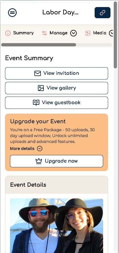 GuestPix host Event Summary on iPhone, with the same desktop layout squeezed into a narrow mobile viewport