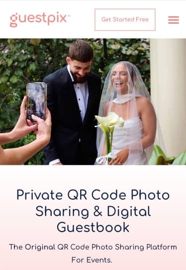 GuestPix homepage showing a wedding photo and the tagline "The Original QR Code Photo Sharing Platform For Events"