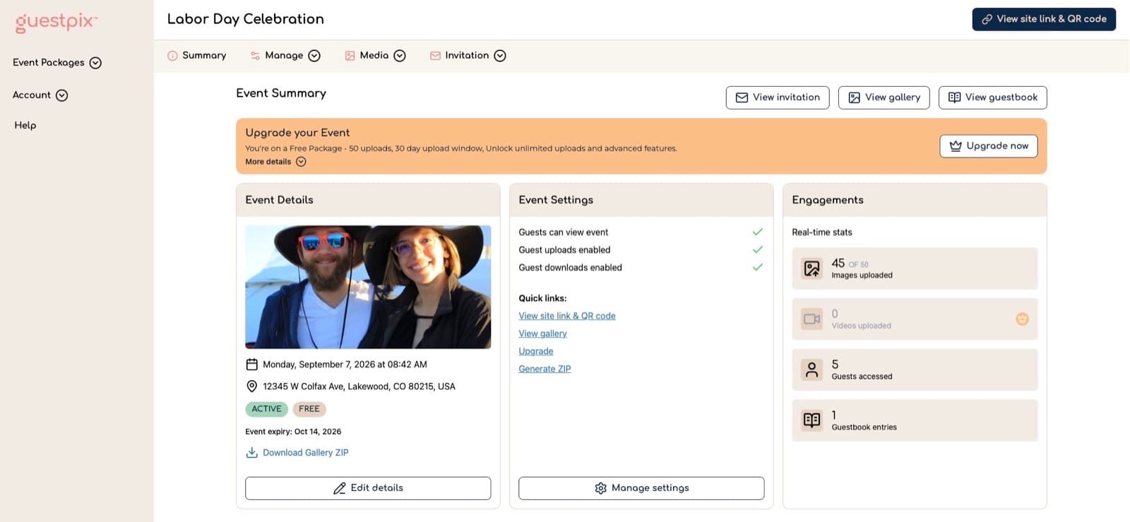 GuestPix host Event Summary dashboard on desktop for Labor Day Celebration, with event details, settings checklist, and engagement stats including 45 of 50 image uploads