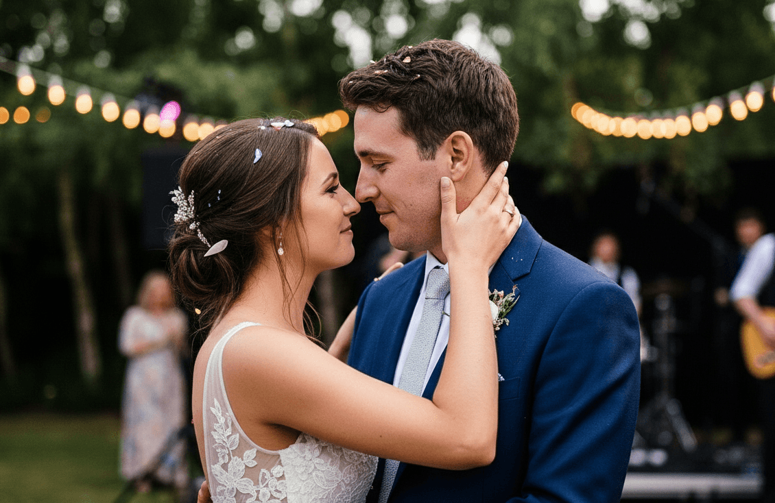 Bride and groom sharing their first dance at a wedding reception