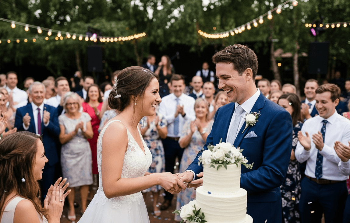 Wedding guests laughing and celebrating at the dinner table
