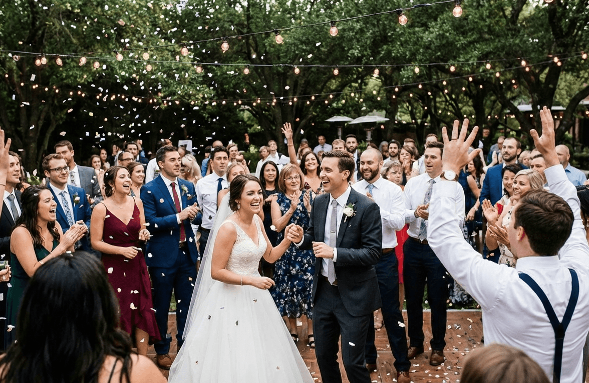 Happy wedding couple surrounded by guests celebrating outdoors